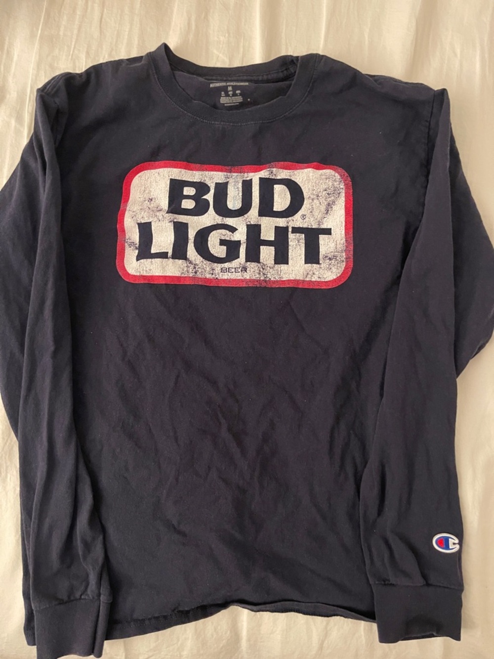 Champion Navy Long Sleeve Tee with Distressed Bud Light Logo